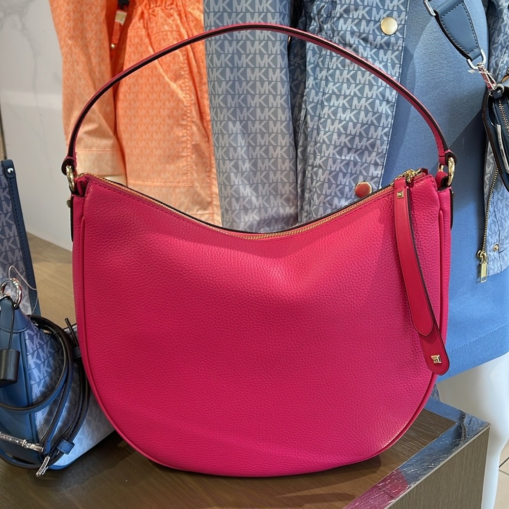 Michael Kors Dover Large Leather Top Zip Half Moon Shoulder Bag in Electric Pink